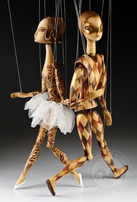 Harlequin and Ballerina wooden marionettes