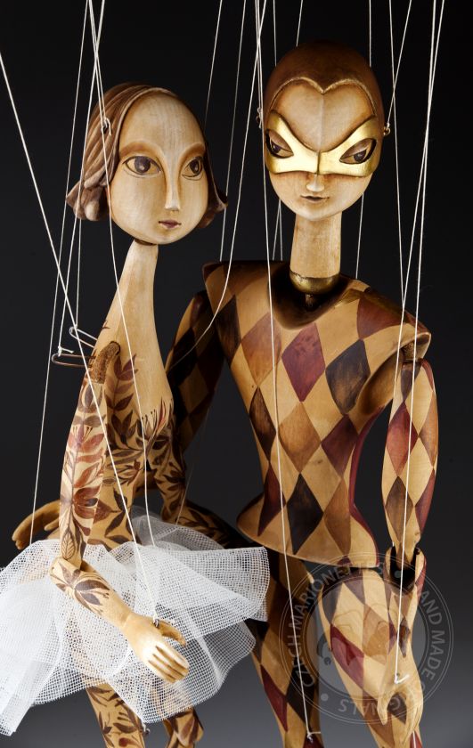 Harlekin und Ballerina Holz Marionetten