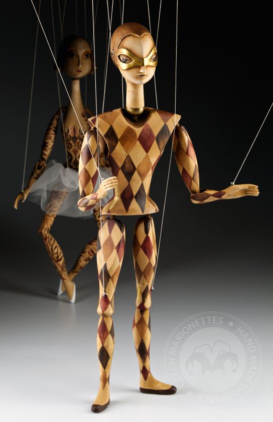 Harlequin and Ballerina wooden marionettes