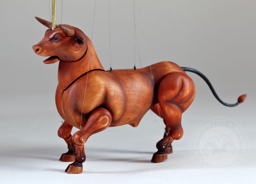 Hand-carved marionette puppet of a bull that can puff smoke from his nostrils