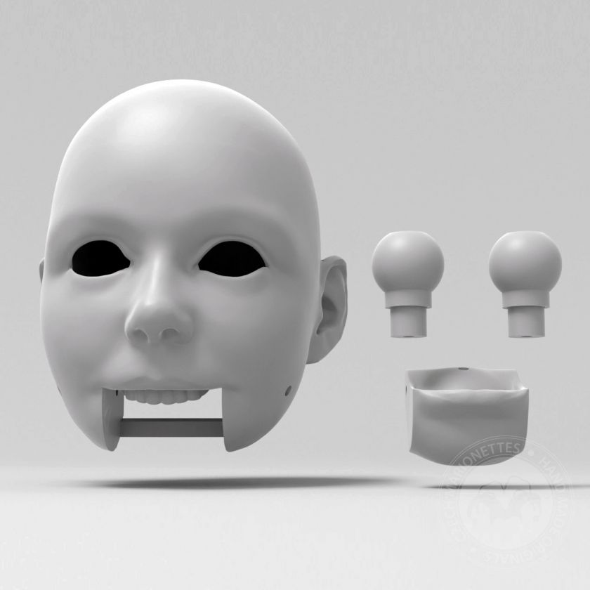 Ragazza adolescente, Modello 3D di una testa (per marionetta da 60 cm, occhi e bocca mobili)