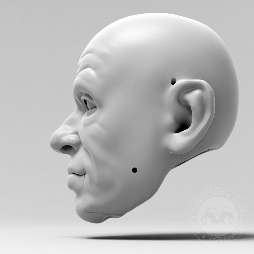 Elderly gentleman, 3D head model, moving eyes and opening mouth, for 3D printing