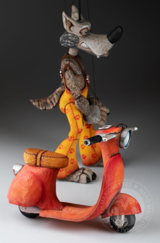 Wolf with Vespa - wooden hand-carved marionette