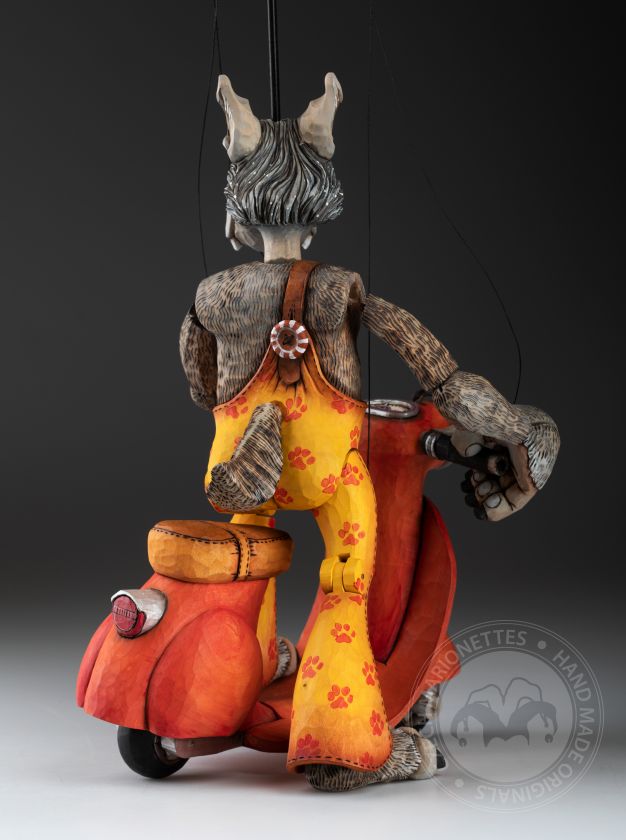 Wolf with Vespa - wooden hand-carved marionette