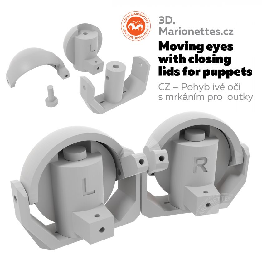 Pohyblivé oči se zavíráním víček pro 3D tisk loutek Ver. 2.0