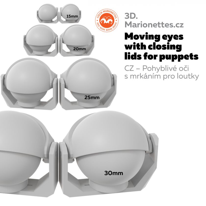Pohyblivé oči se zavíráním víček pro 3D tisk loutek Ver. 2.0