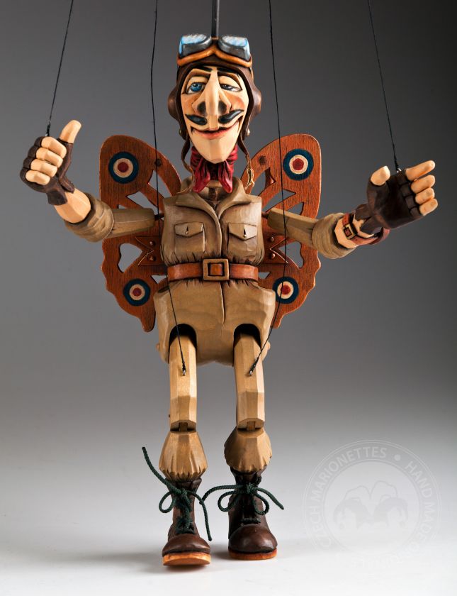 Butterfly pilot hand-carved string puppet hand-carve from linden wood